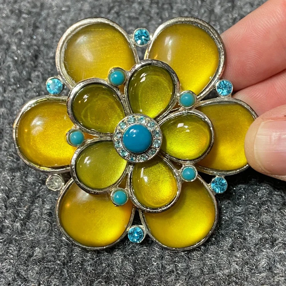 Vintage Flower Brooch Yellow‎ & Turquoise Rhinestone Floral Pin Costume Jewelry